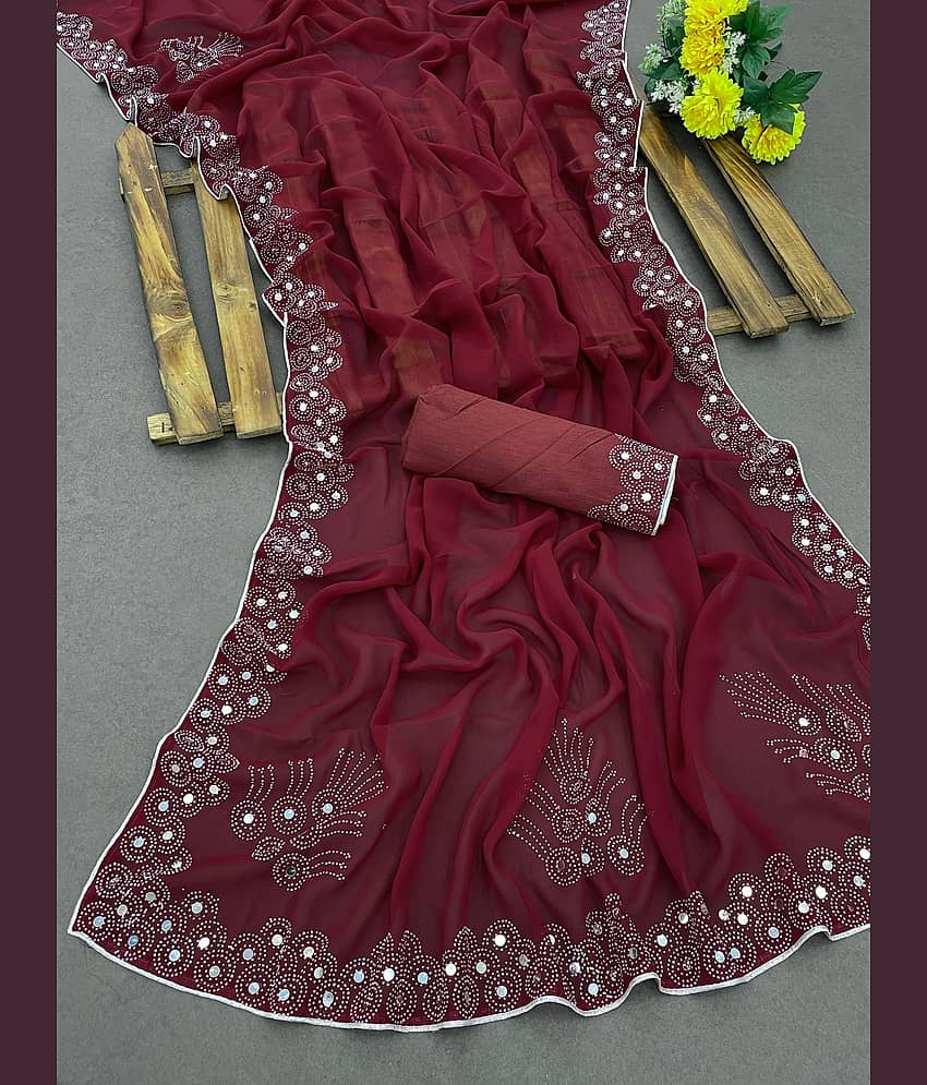 VEERAIVA Georgette Embellished Saree With Unstitched Blouse Piece ( Maroon )