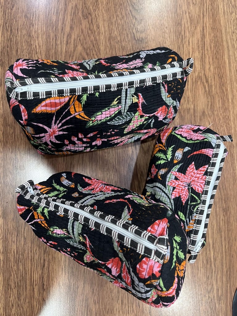 Quilted Travel Set with Floral Print, Black with Pink and Green Flowers, 3-Piece Set, Cosmetic Bags view 2