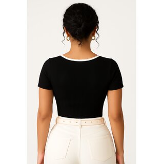 ATLIES Womens Black Ribbed Contrast Trim Fitted Top view 2