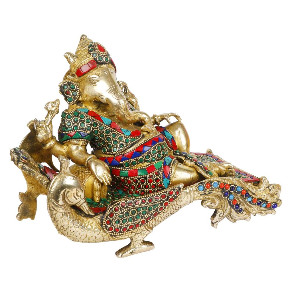 ARTVARKO Brass Ganesha Resting On Couch Statue Home Decor Gift Decorated with Multicolored Stone Ganpati Idol Murti -Height 7.5" Length 11" view 2