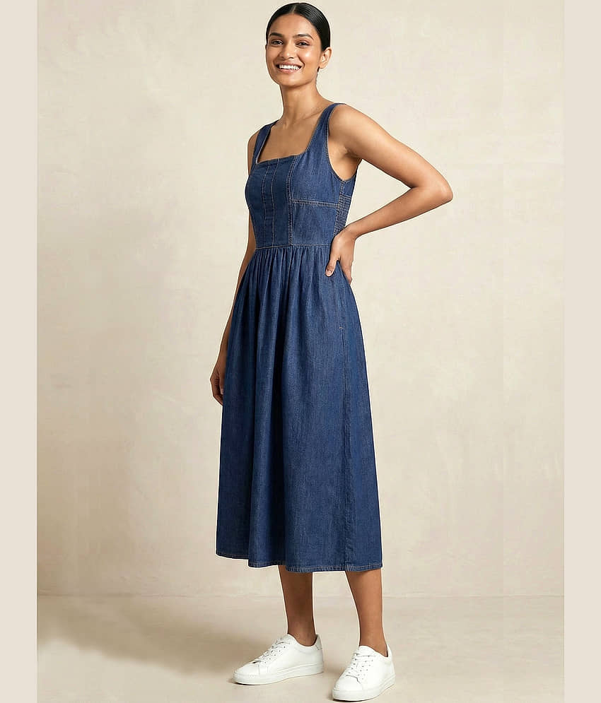 Addyvero Women Denim Solid Fit & Flare Dress ( Dark Blue ) view 2