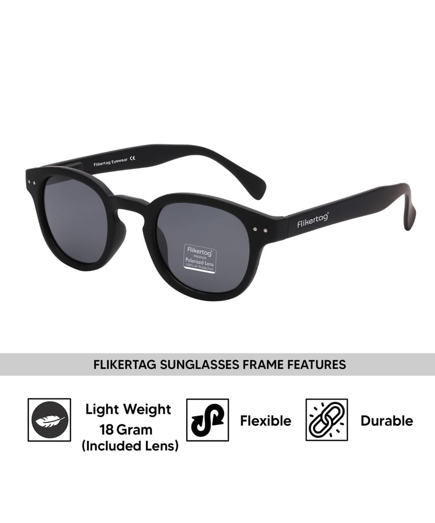 Flikertag Polarized Sunglasses With UV Protection For Men & Women | HD vision with Grey Lens [FTS 551 F1 Round Matte Black Frame with Smoke lens, 49mm] view 2