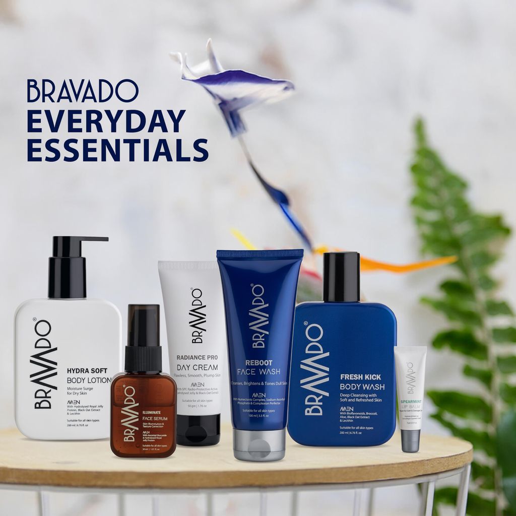 Bravado Everyday Essential Personal Care 6 In 1 Combo - Pack of - Reboot Facewash, Fresh Kick Bodywash, Hydra Soft Body Lotion, Radiance Day Cream, Illuminate Face Serum, Lip Balm Spearmint - 589g view 2