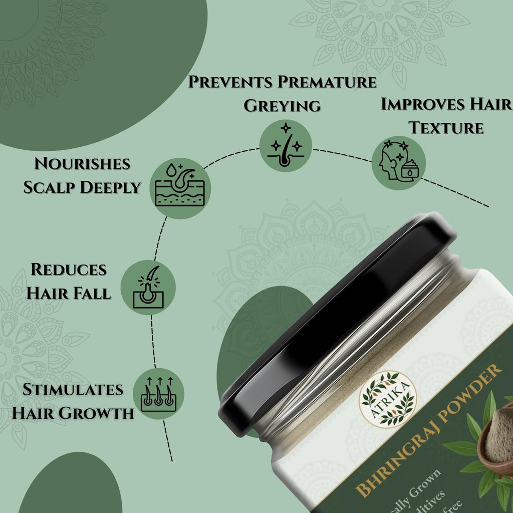 Atrika Bhringraj Powder for Hair Growth & Scalp Care | 100g | 100% Pure Eclipta Alba | Natural Herbal Hair Pack | Controls Hair Fall | Chemical-Free | Ayurvedic Hair Treatment view 2