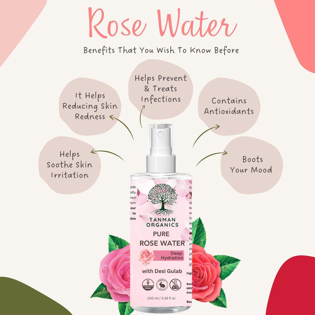 TANMAN ORGANICS Rose Water Face Mist 100ml for Dry Skin, 100% Organic Natural Toner for Glowing, Hydrated Skin and Open Pore Tightening, Unisex Toner Spray for Face for Women & Men view 2