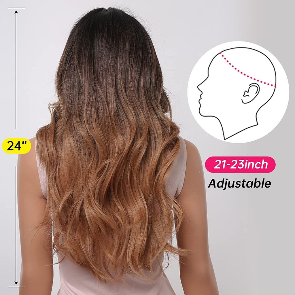 Akashkrishna Long Ginger Brown Wigs for Women Brown Ombre Natural Curly Synthetic Hair with Dark Roots Middle Part Body Wave Wig With Comb And Comb view 2