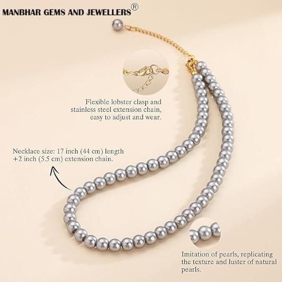 MANBHAR GEMS - Faux Pearl Necklace For Girl and Women Gray Pearl Necklaces for Women, 8MM Beaded Choker Necklace 1 Layer Beaded Mala Fashion Jewellery view 2