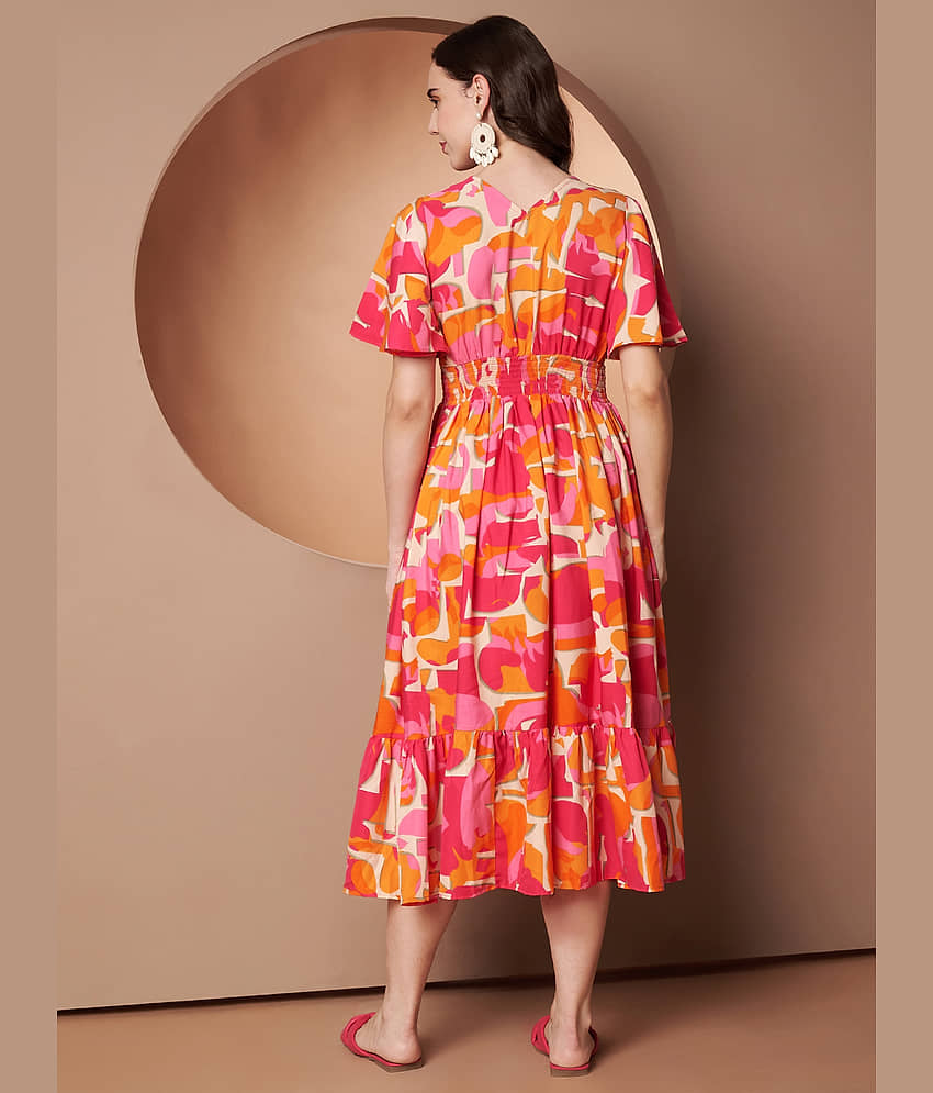 OTABU Women Polyester Printed A-line Dress ( Orange ) view 2