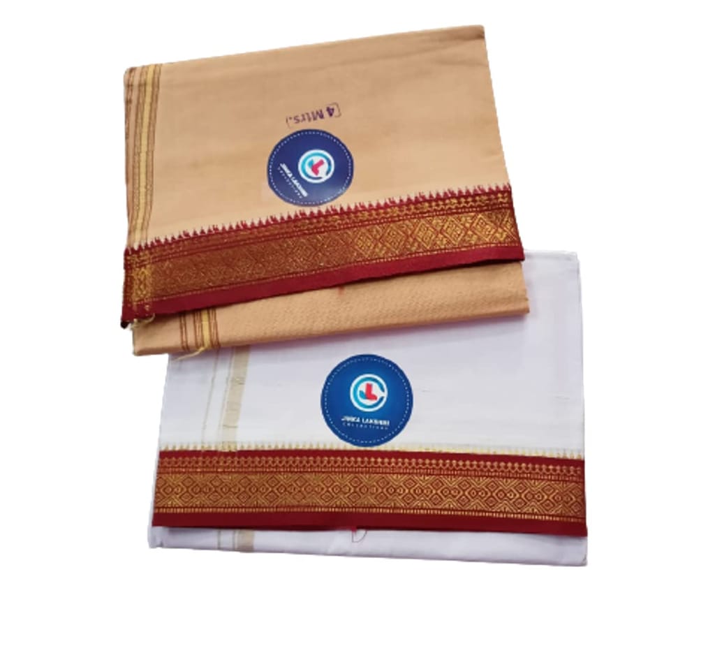 Jinka Lakshmi Collections 100% Handloom Cotton Dhoti With Big Borders 4 Meters Unstitched Pack of 2 (Multicolor-2) view 2