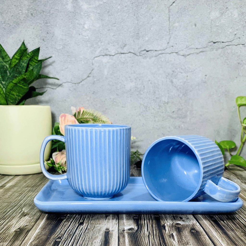 Homefrills Premium Stoneware Handmade Striped Design Ceramic Tea Cups & Milk/Coffee Mugs Along with Tray Microwave Dishwasher Safe - Pack of 3 (2 Cups and 1 Tray) Blue, 300ml view 2