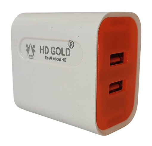 HD Gold 2-Port USB Wall Charger with cable, 2.4A Output, White and Orange