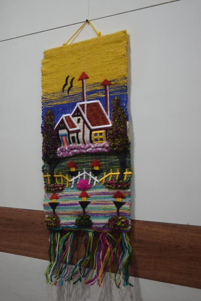 Handwoven Decorative Wall Tapestry, Traditional House Design, Multicolor, Wool Blend, Colorful Fringe, Folk Art Style, Yellow Background view 2
