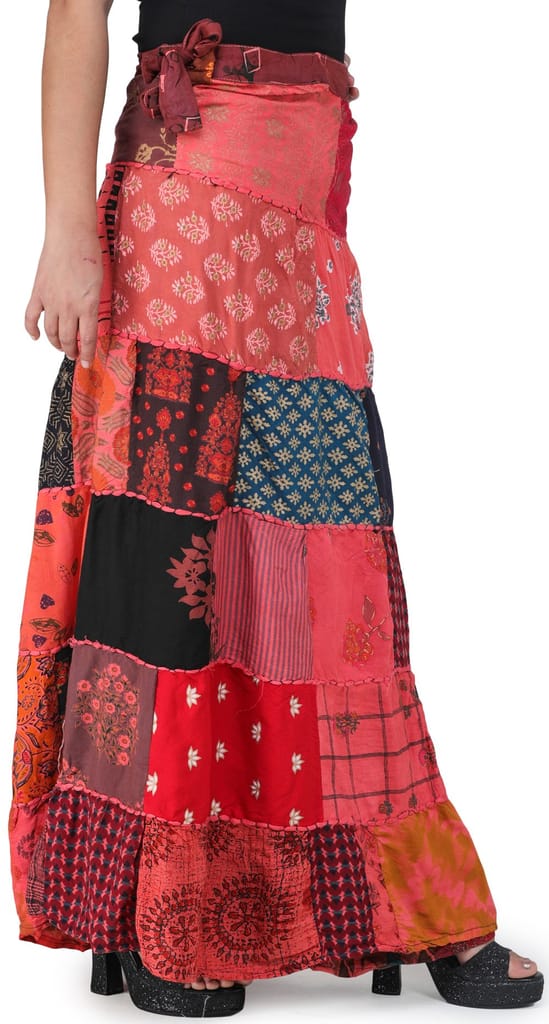 Camellia-Rose Printed Long Boho Wrap-On Long Skirt from Gujarat with Patch Work view 2