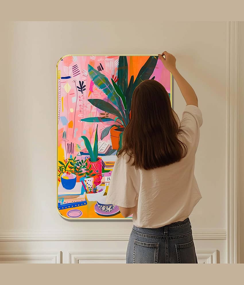Livin'luxe Vibrant Coffee Table & Plant Wall Poster | Artistic Multicolor Painting Print | Golden Frame Décor for Study Room, Kitchen & Café Corners 13.5 Inch x 19.5 Inch view 2