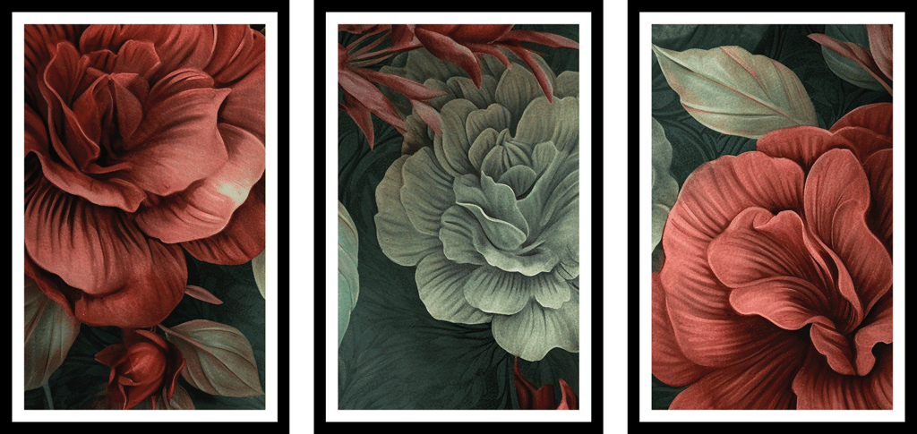 BEGONIA 3 PIECE FLOWER ART 48in X 24in WITH BLACK FRAME view 2