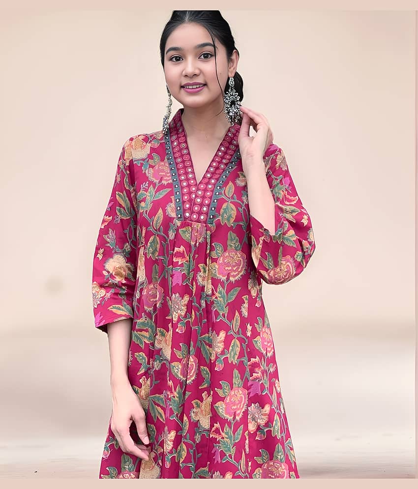Aarya Designer Girls Cotton Blend Kurti with Pants ( Pack of 1 , Green ) view 2