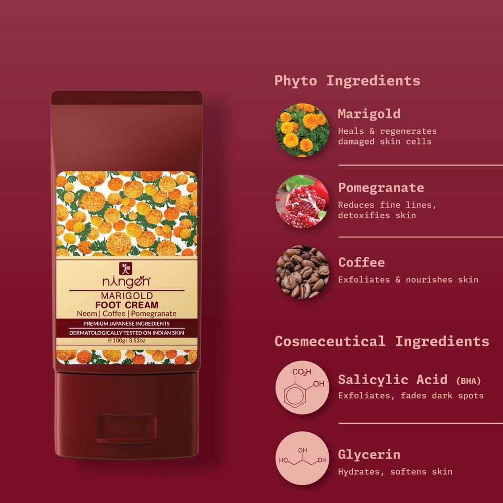 Ningen Marigold Foot Cream I Infused with Neem, Coffee and Pomegranate Extracts I Dermatologically Tested, Paraben Free I Softens, Repairs and Heals Ultra Dry Skin and Cracked Heels I 100g view 2