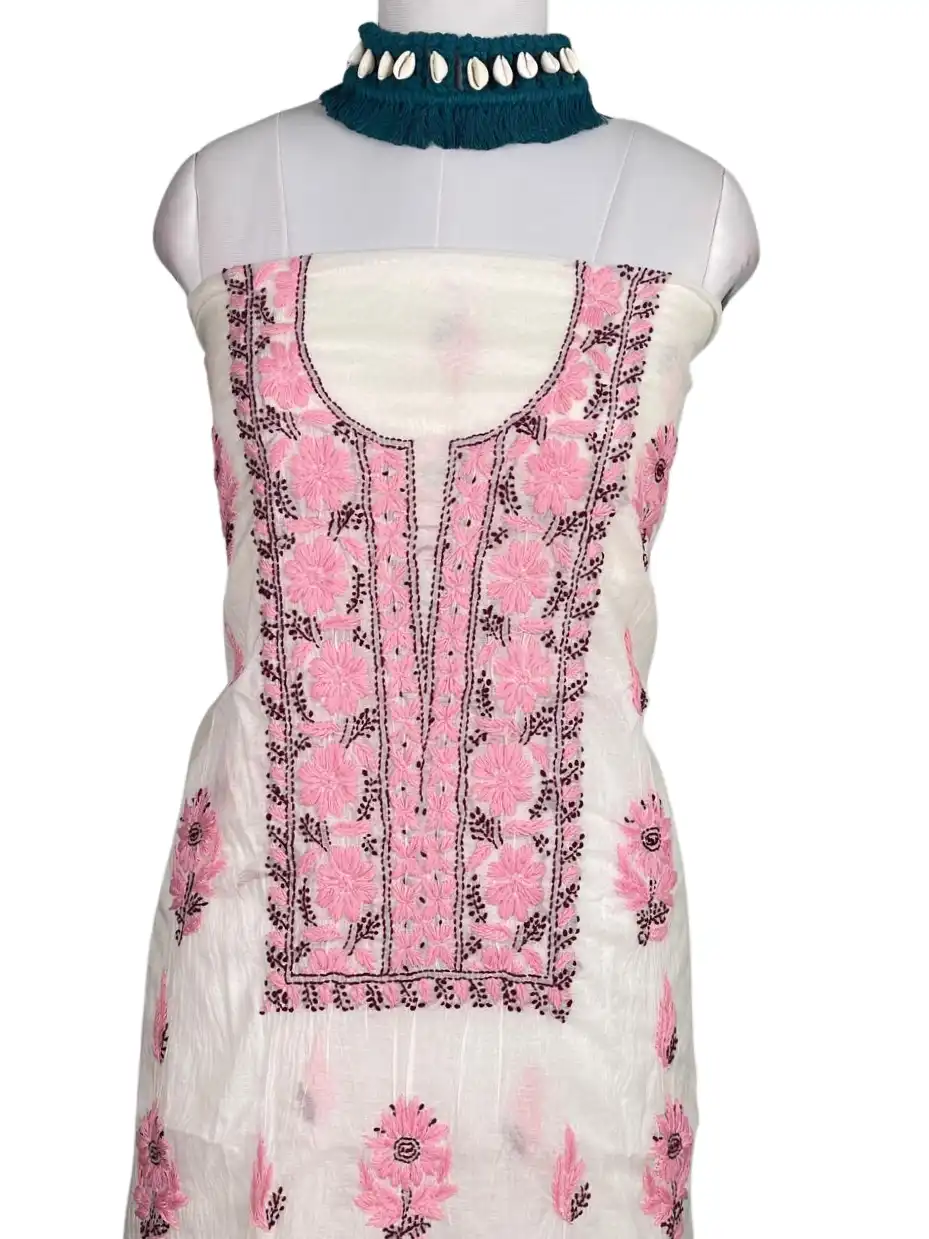 Chikankari Mul Chanderi Dress Material Off White Pink Floral view 2