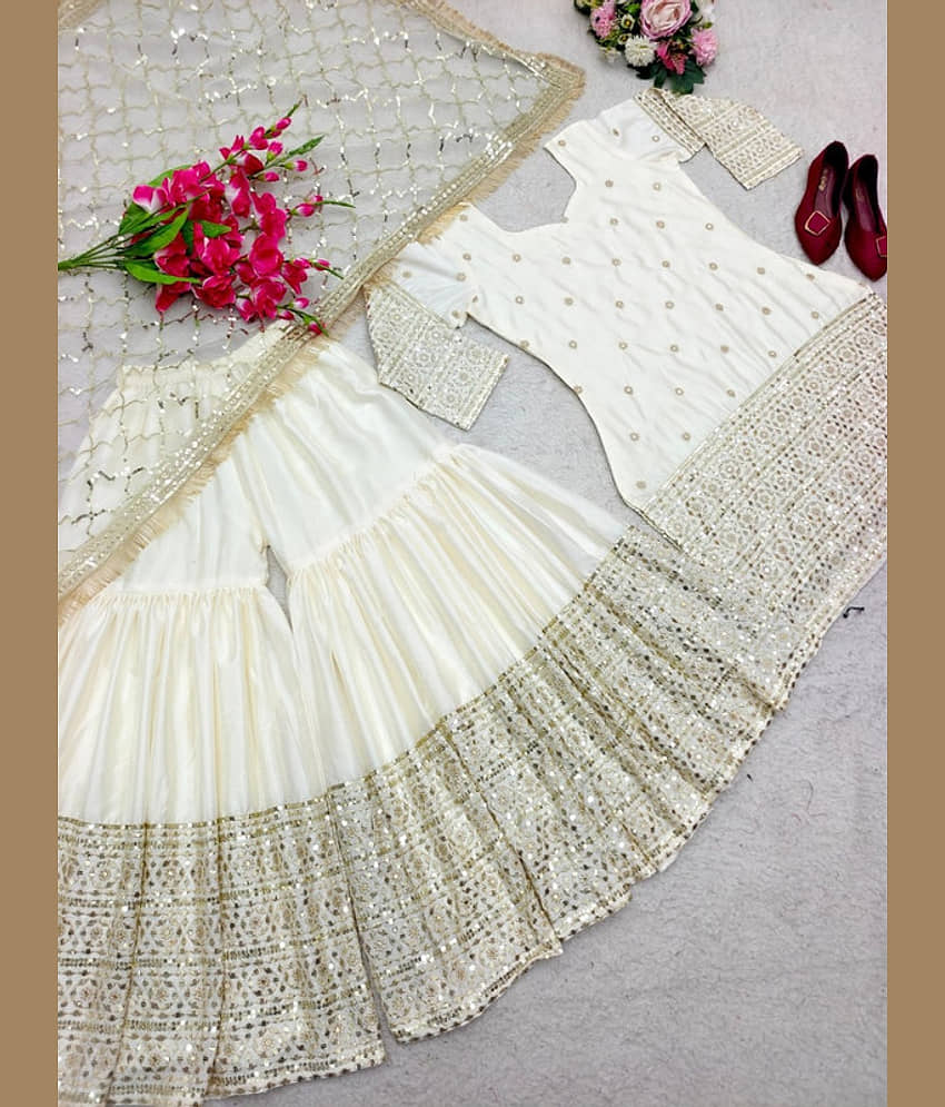BHAGYASHRAY Women Satin Embroidered Straight Kurti With Sharara And Gharara ( White ) view 2