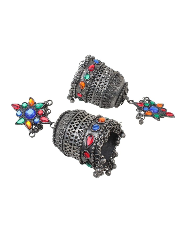 Cardinal Oxidized Silver Color Multicolor Stone Jhumki Earrings view 2