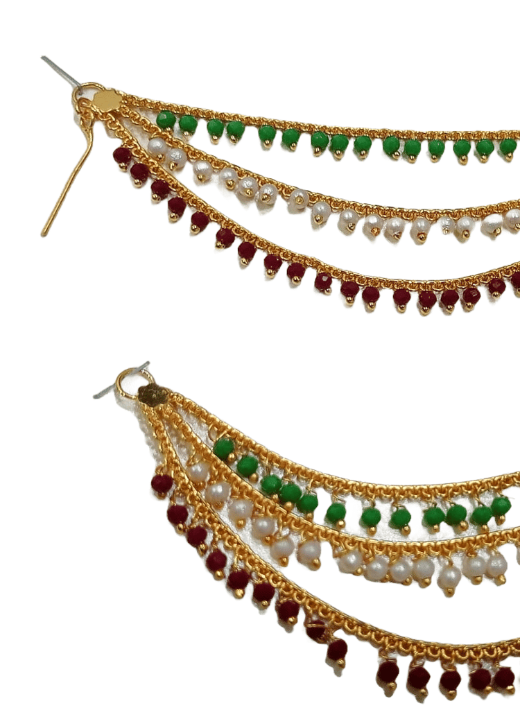 Traditional Indian Gold Plated Chandbali Earrings with Pearls and Green Beads view 2