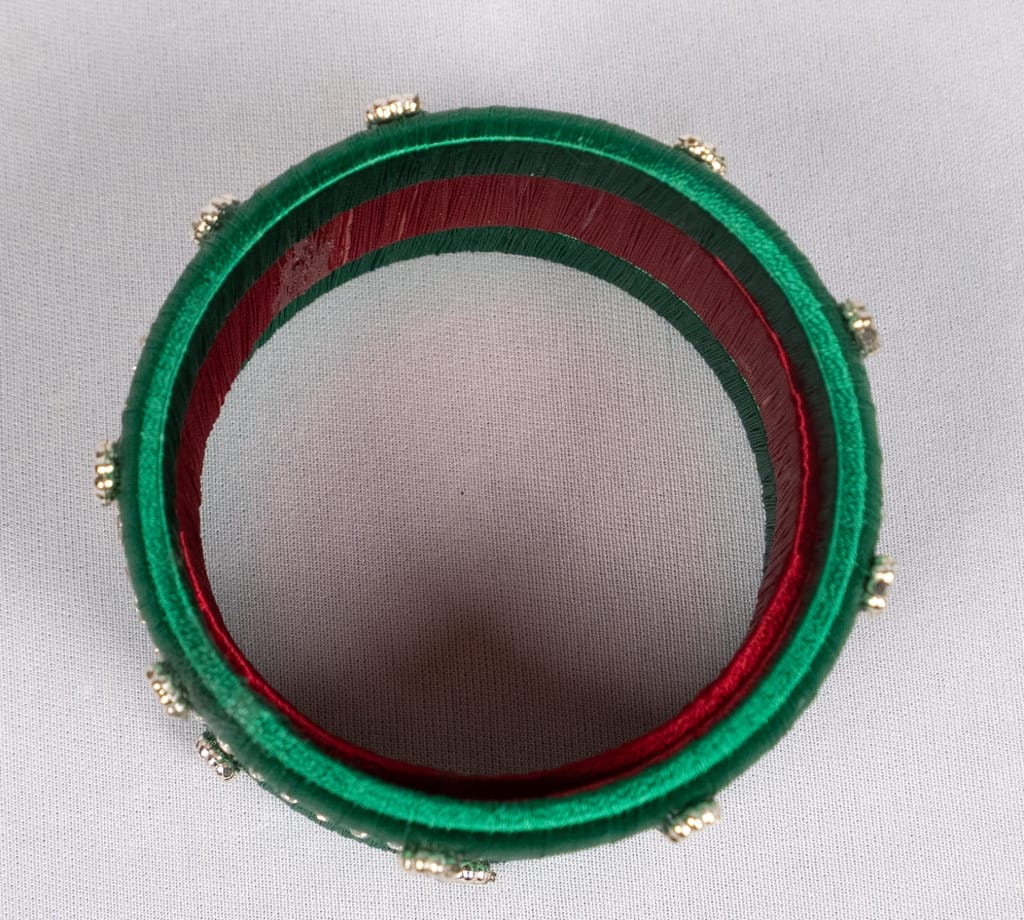 Green and Red Silk Thread Bangle Set with Rhinestones view 2
