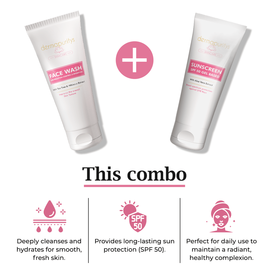 Derma Puritys Sunscreen SPF 50 gel-based - 100ml + Face wash for pollution control and hydration -100ml | Skin Care Combo | For All Skin Types view 2