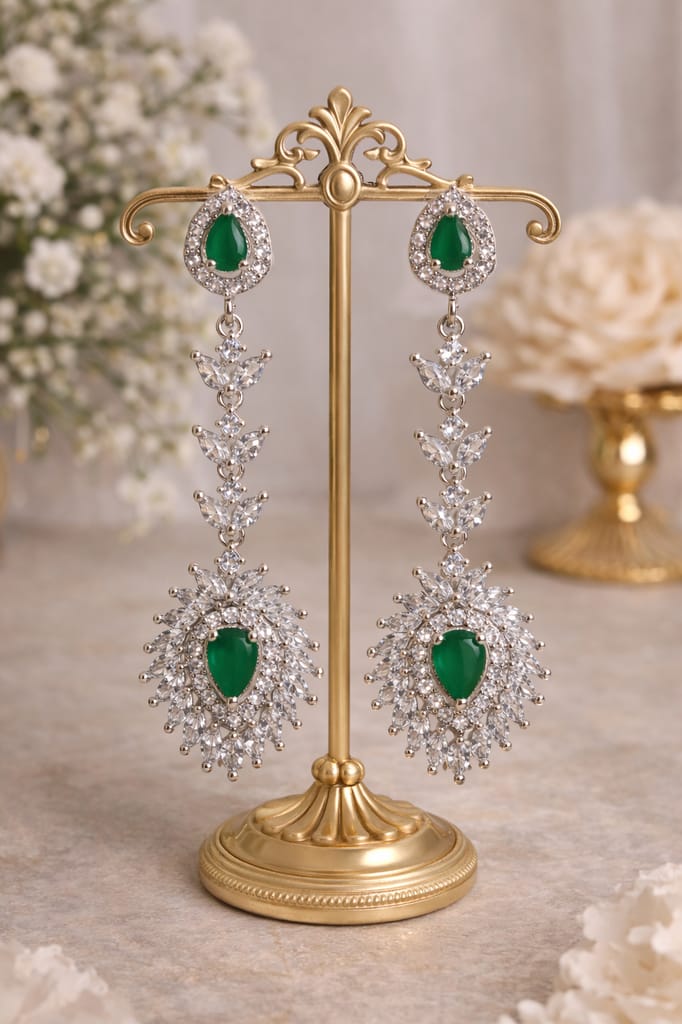 ✨Elegant Silver Plated Green Stone & CZ Long Dangler Earrings ✨
