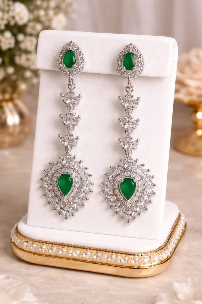 ✨Elegant Silver Plated Green Stone & CZ Long Dangler Earrings ✨ view 2
