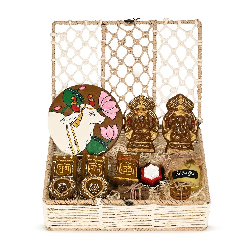 Rural Roots 100% Cow Dung Diwali Puja Samagri Set | A2 Ghee, Cow Dung Diya, Subh Labh, Om Shiv Swastik, Gau Mata Kanda, Padam Kund, Dhup Batti, Tulsi Vrandavan, Lakshmi & Ganesh Murti view 2