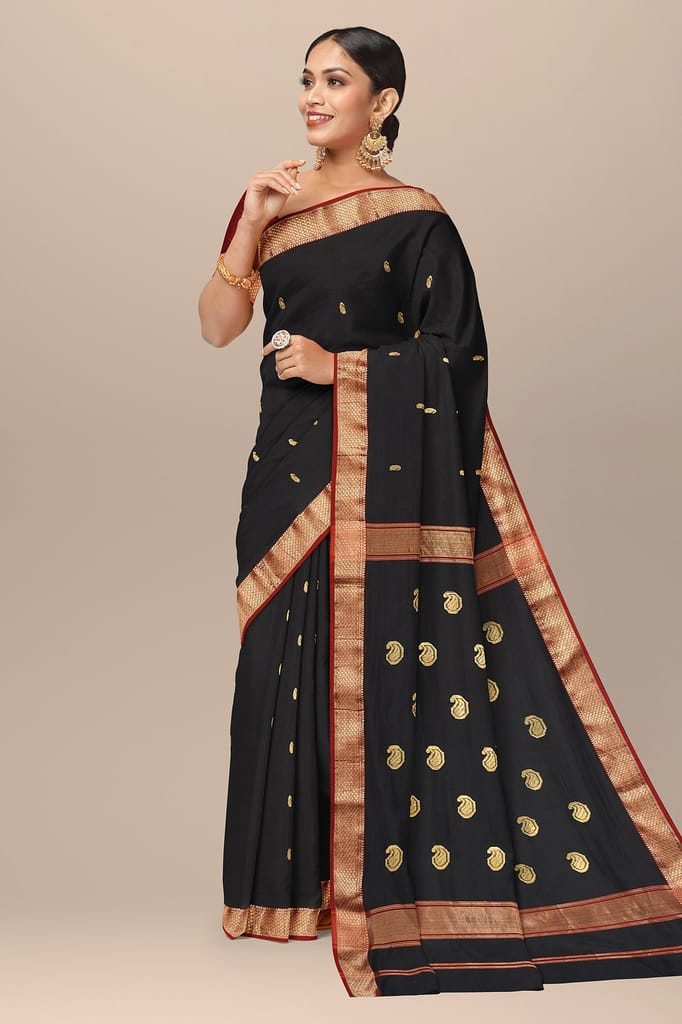 Black Handwoven Sausar Silk with Zari Border and Carry Buta Saree SKU-BS10035 view 2