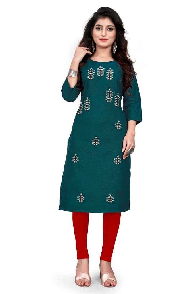 STYLEOO Ruby Slub 3/4 Sleeves Embroidered Kurti for Women's Combo Pack (RED and Green) (M, L, XL, XXL) view 2