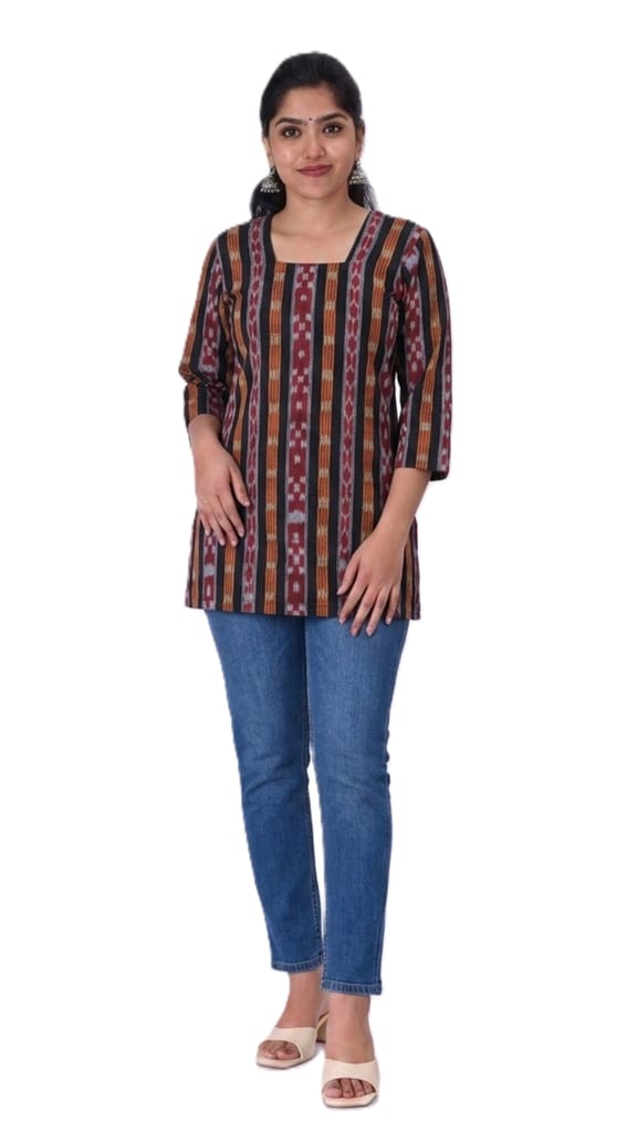 GHL Women's Premium Sambalpuri Ikat Handloom Cotton Short Kurti | Square Neck Ethnic Top | Office Wear, College Wear & Casual Kurti for Women view 2