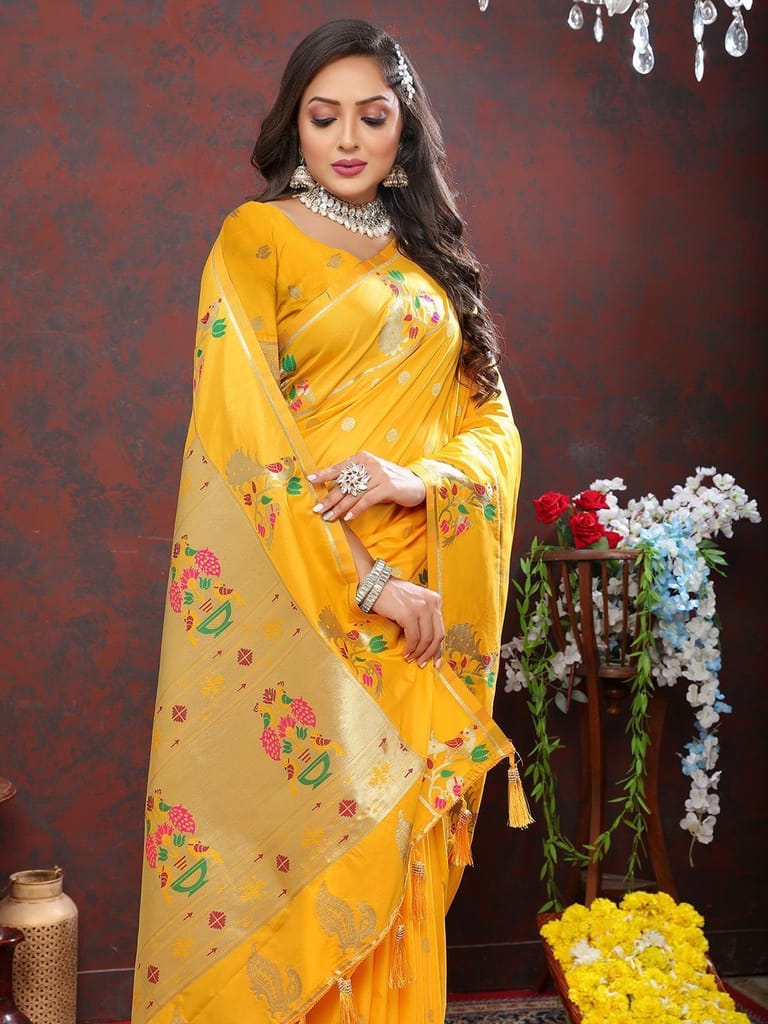 Gold Soft Paithani Silk Woven Design Gold Zari Meenakari Weaving Saree view 2