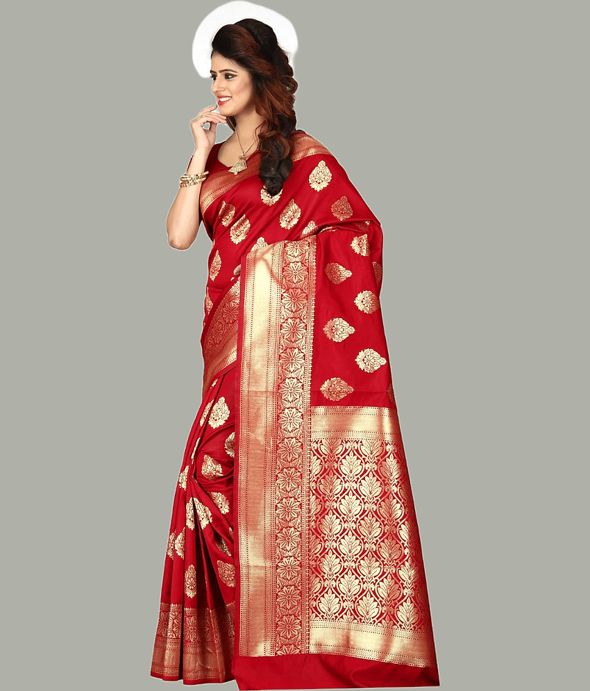 GARIYA Banarasi Silk Woven Saree With Unstitched Blouse Piece ( Rani )