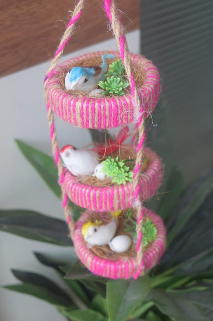 Decorative Bird Nest Wreath with Pink Jute Rope, White Birds, Green Succulents, Natural Twine, Spring Home Decor view 2
