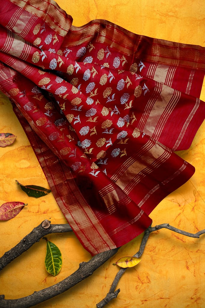 Chill Red Buti Sausar Silk with Floral Buta Zari Border Saree SKU-BS10029 view 2