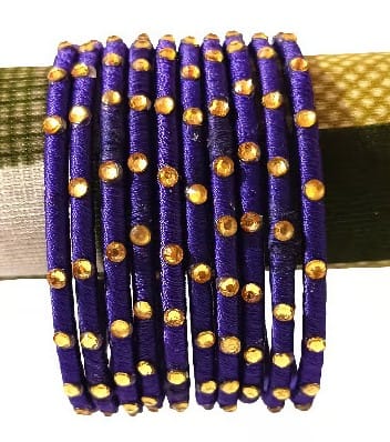Handcrafted Purple Silk Thread Bangles Set with Golden Studs for Women view 2