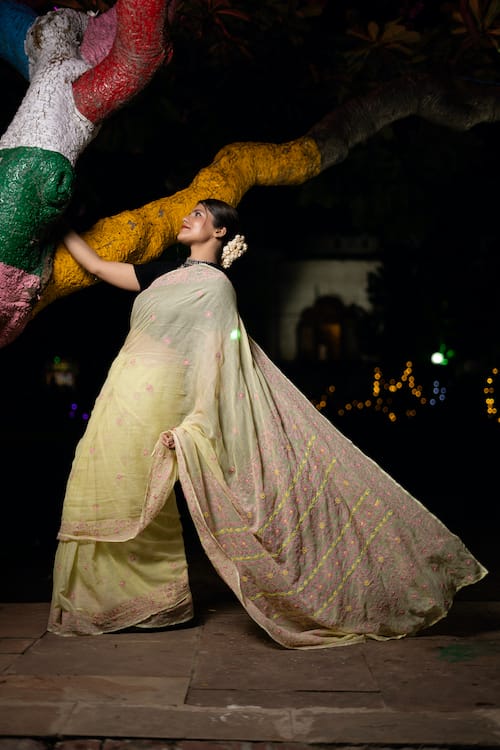 shwet yellow maroon kota cotton chikankari saree