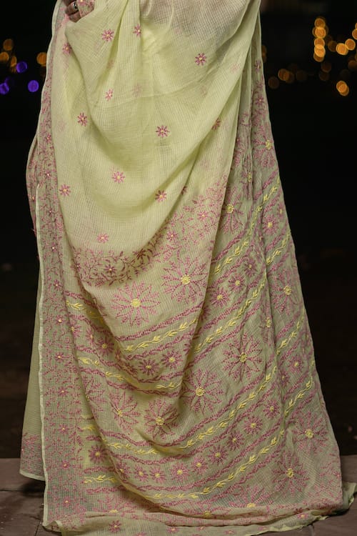 shwet yellow maroon kota cotton chikankari saree view 2