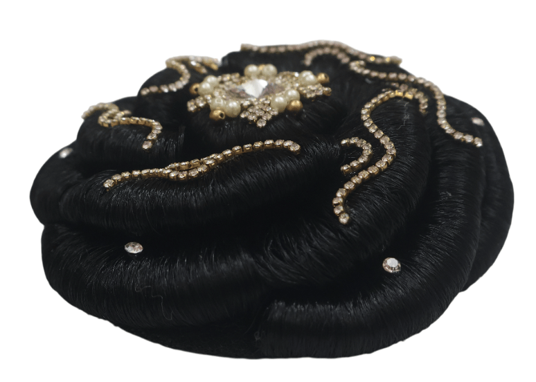 Elegant Black Hair Bun with Rhinestones & Pearls view 2