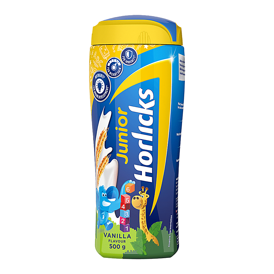 Horlicks Junior Health & Nutrition Drink, With Dha & Nutrients, For Growth, Vanilla Flavour, 500 G Jar view 2
