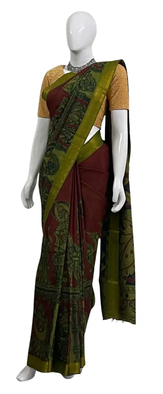 Kalamkari Mangalgiri Silk Cotton Saree Mehendi Green view 2
