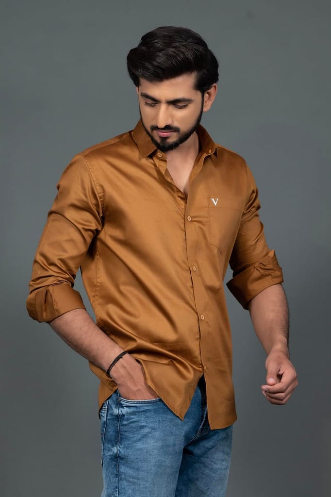 Vooz Premium Slim Fit Long Sleeve Shirt for Men, Khaki, Cut Away Collar, Made in India view 2
