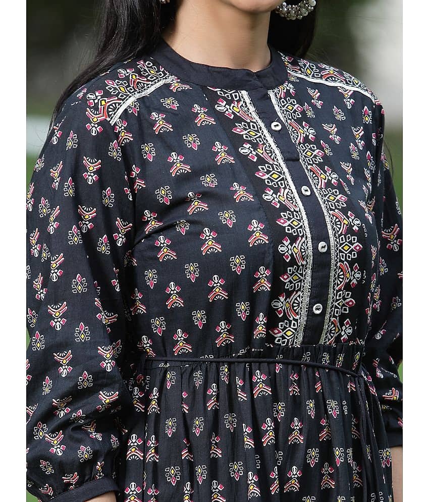Juniper Women Cotton Blend Printed Ethnic Dress ( Black ) view 2