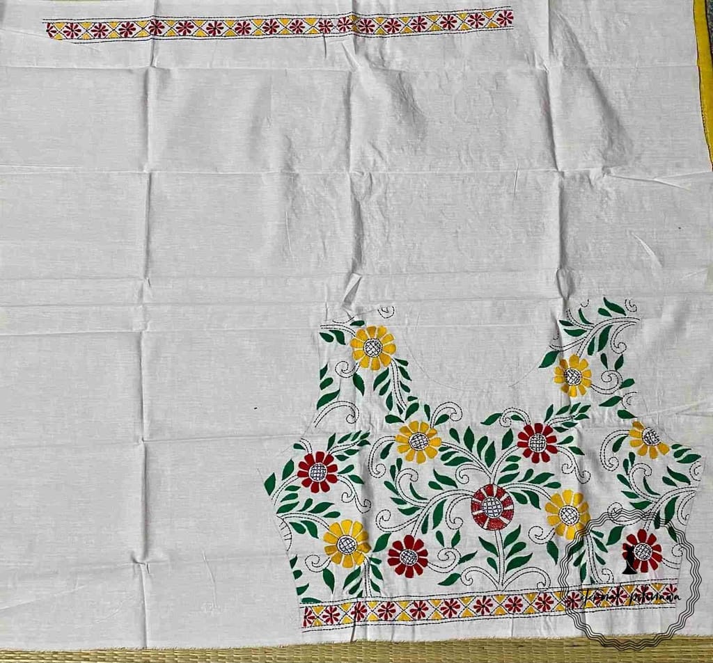 White Bengal Kantha Hand Embroidered Blouse Piece for Sarees view 2