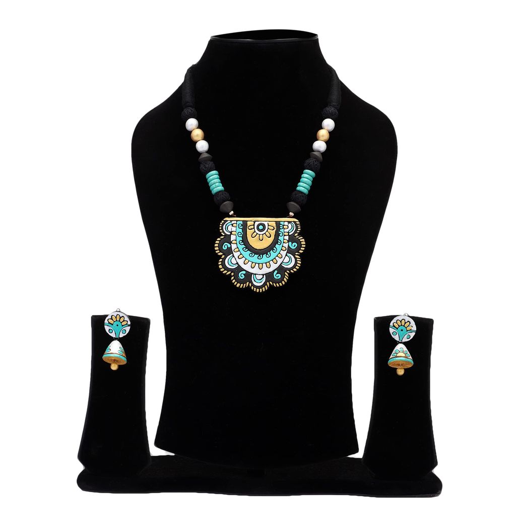 Le bijouxistic EKAM EK semi circular pendent necklace set with earrings for women in blue and white view 2