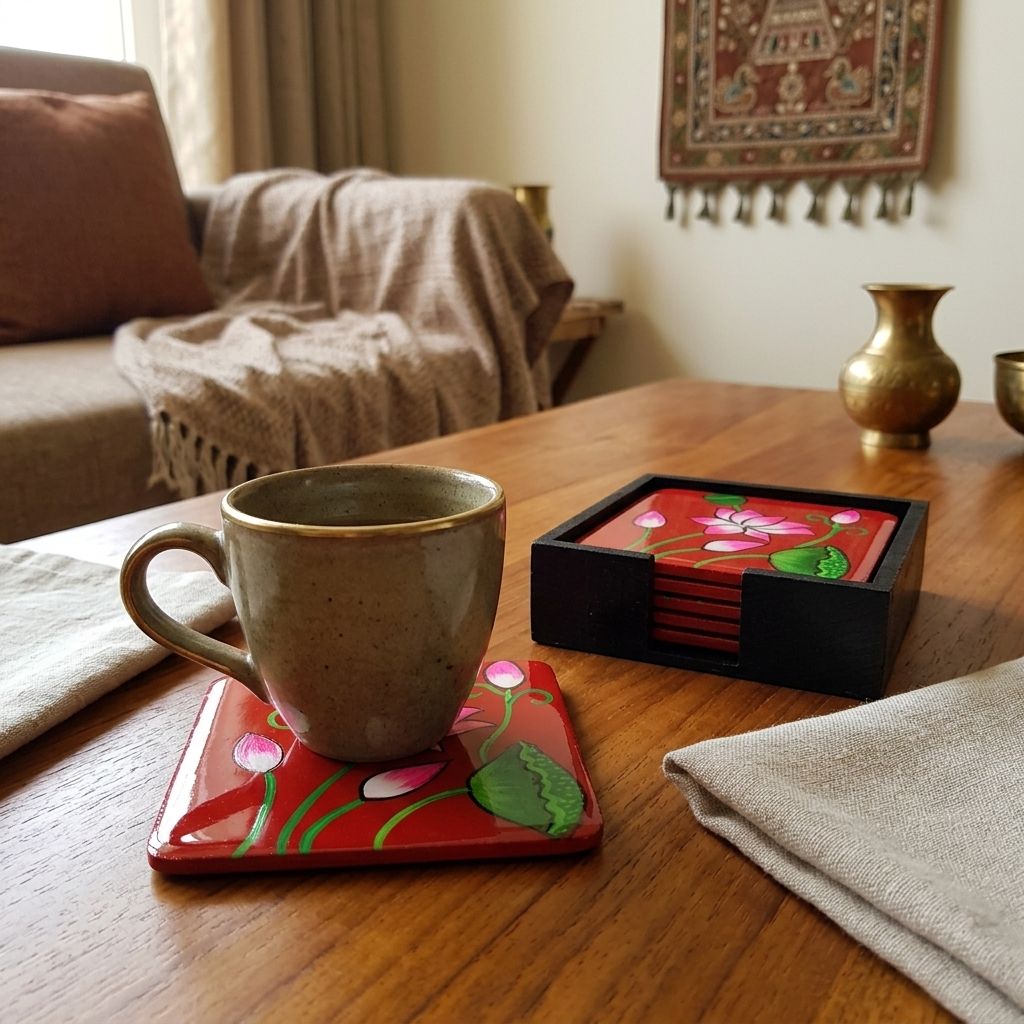 Hand Painted Wooden Pichwai Art Square Shape Red Color Set of 4 Coasters With Resin Layer view 2
