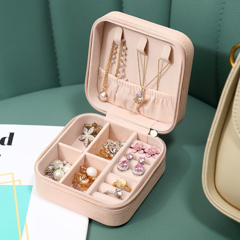 Jewellery Organiser PU Leather Zipper Portable Storage Box Case with Dividers Container for Rings, Earrings, Necklace Home Organizer - Random Color view 2