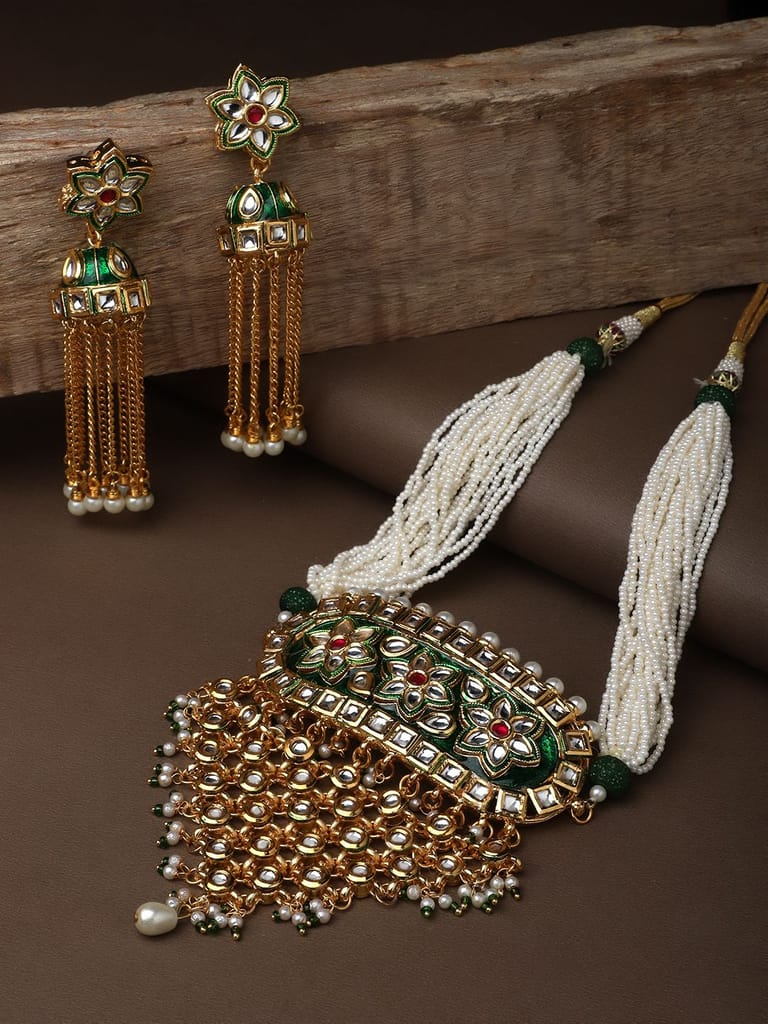 Cardinal Kundan Green Color Minakari White Beads Multistring Gold Plated Long Necklace Set view 2